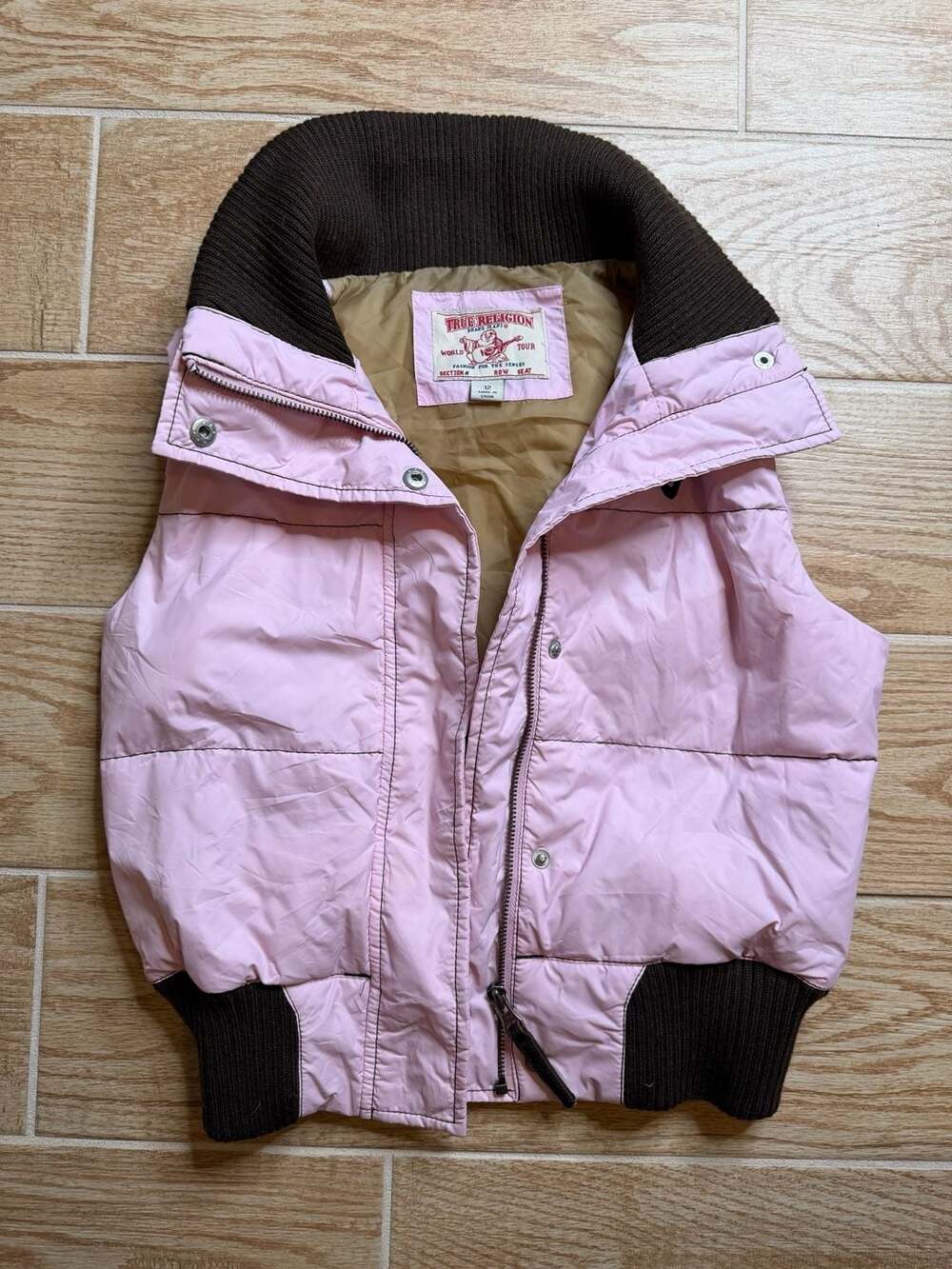 Vintage Y2K True Religion Girls Youth 12 Pink Puffer Vest World Tour Embroidered